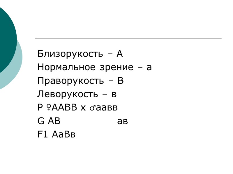 Близорукость – А Нормальное зрение – а Праворукость – В Леворукость – в Р